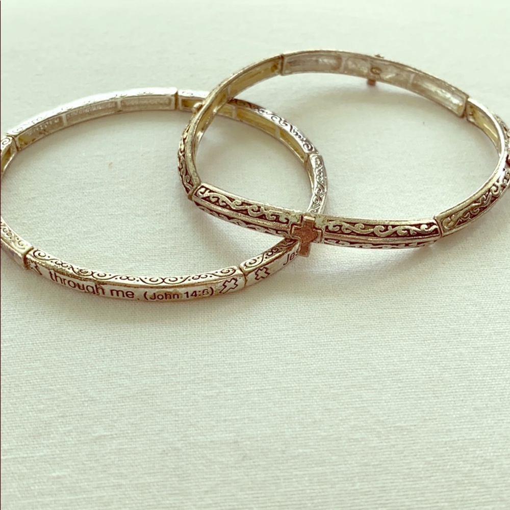 2 Stackable silver Bracelets, Bible Verse & Cross